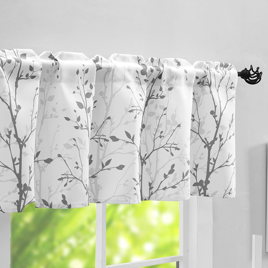 Tree Branch Printed Curtain Valance, 18 inches Long Window Treatment Valance, Grey Window Valances for Kitchen, Bathroom, Dining Room, Living Room, Bedroom and Kid’s Room, 2 Panels